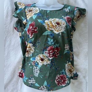 Floral Ruffle Sleeve Blouse- Green